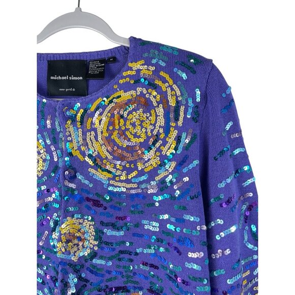 Michael Simon Womens Starry Night Sequin Cardigan M Multicolor Cotton Blend RARE - Picture 6 of 10